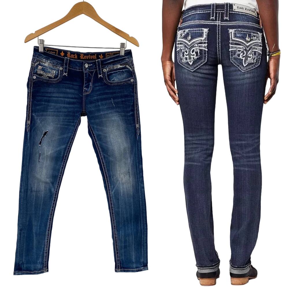 Rock Revival Celinda Ankle Skinny Jeans Embroidered Back Pockets Blue Womens 27